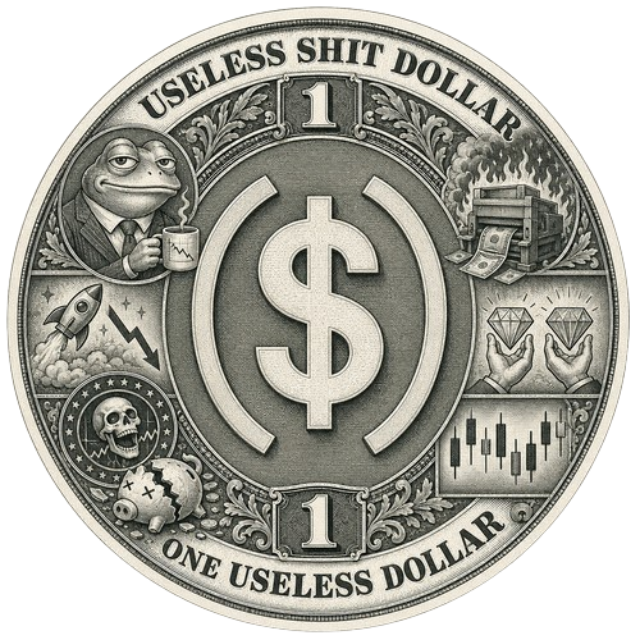 Useless Shit Dollar engraved coin with a frog in a suit